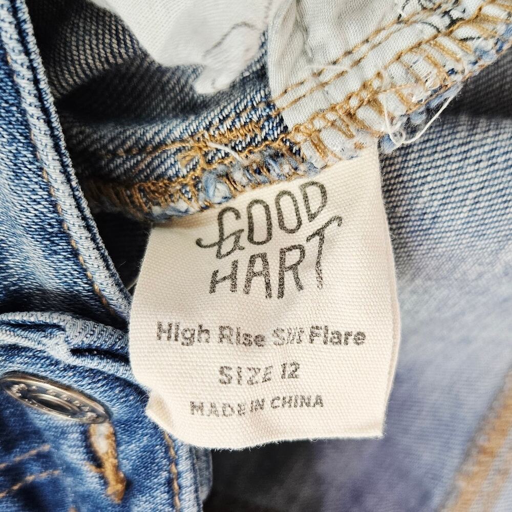 Good Hart High Rise Slit Flare Leg Jeans Size 12 High Rise Boho Hippie Raw Hem - Picture 9 of 13